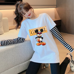 Early spring new long sleeve T-shirt women's fashion brand Mickey foreign style stitching sleeve body two-piece top