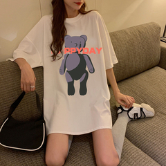 英文熊純棉短袖寬鬆韓版慵懶風學生百搭半袖上衣