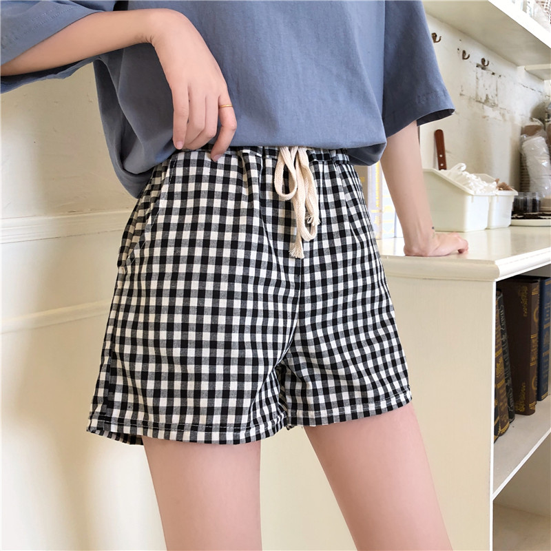 Super fire Harajuku black and white check shorts women's summer loose national trend high waist SLIM STRAIGHT pants