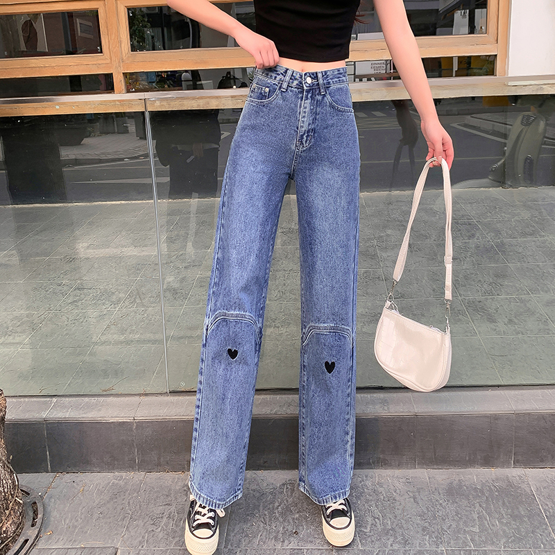 Real love embroidered jeans women's Korean high waist loose wide leg straight tube show thin versatile long pants