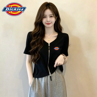 Dickies黑色正肩双拉链短袖T恤女夏季新款低领欧货小衫短款上衣女