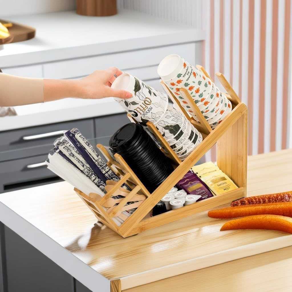 木质家用一次性纸杯收纳架奶茶店吸管纸杯整理架实木咖啡储物