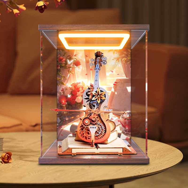 适用若客秘境大提琴音乐盒八音盒diy手工积木回灯款亚克力收纳盒