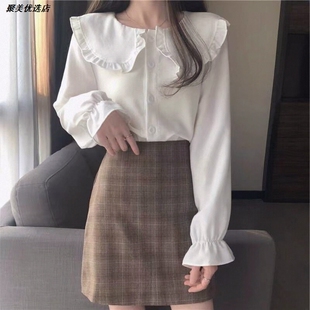 宽松2026上衣洋气女娃娃领衬衣网红春长袖韩版衬衫纯色很仙甜美女