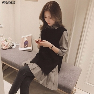 女马甲春秋衬衫裙条纹大码两件套2026打底针织新款毛衣中长款学生