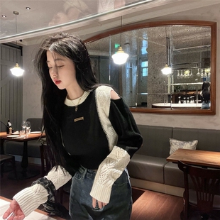白短款毛衣镂空性感小众春秋露肩辣妹针织衫炸街针织甜酷风针织黑