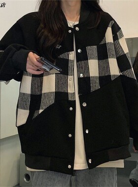 外套女格子复古韩版学生宽松刺绣潮百搭棒球服拼接新款撞色春秋季