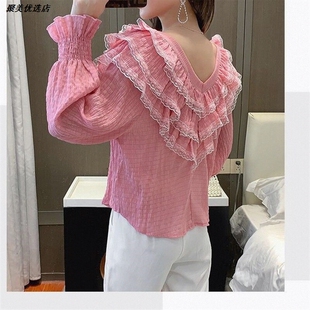 超仙V领女装雪纺衫新款甜美风蕾丝边荷叶边洋气长袖上衣钉珠春秋