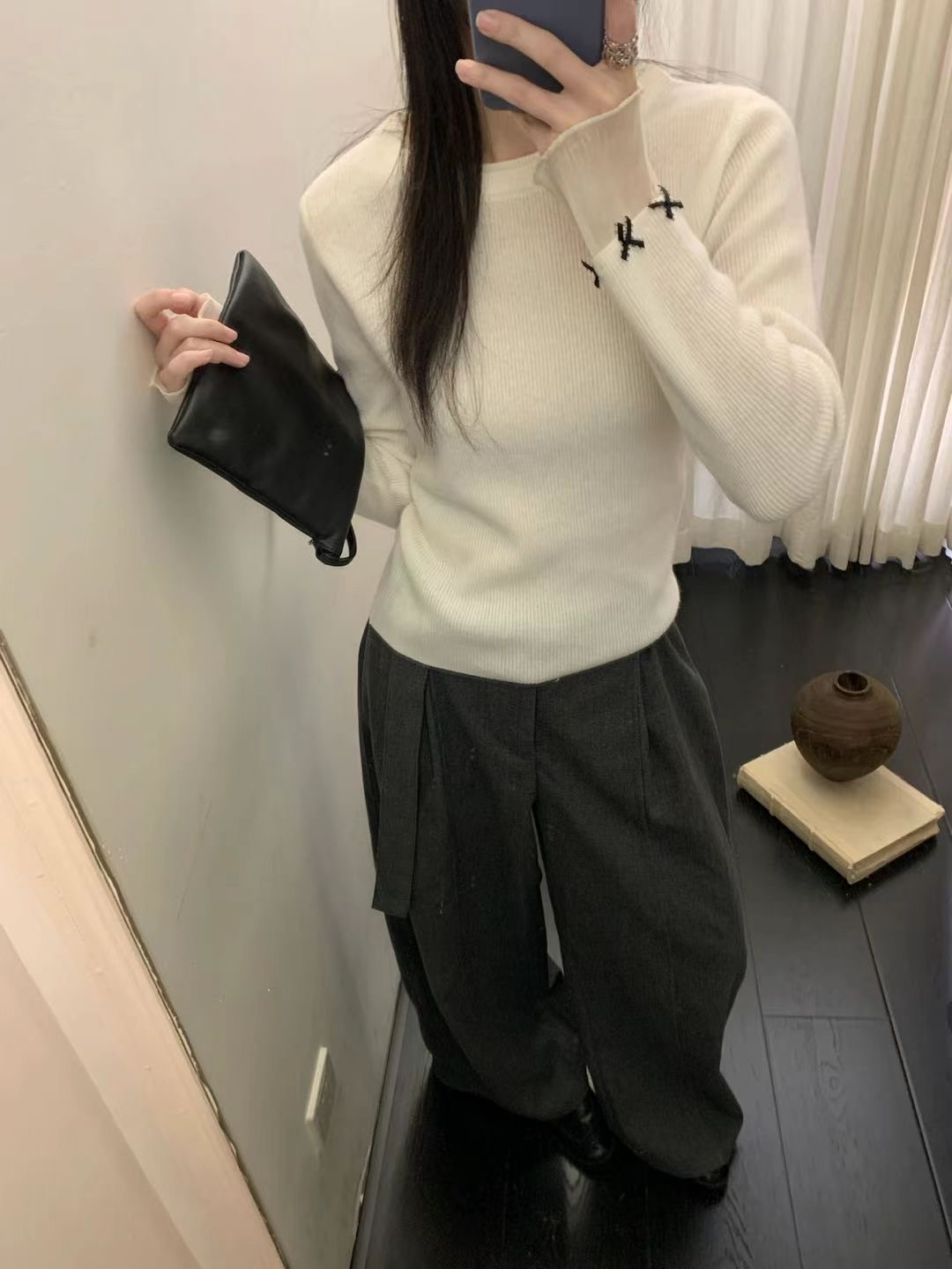 全羊毛欧根纱拼接气质显瘦针织衫