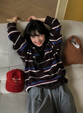 条纹收藏家！HONE正品秋冬复古条纹翻领毛衣宽松显瘦套头针织衫女