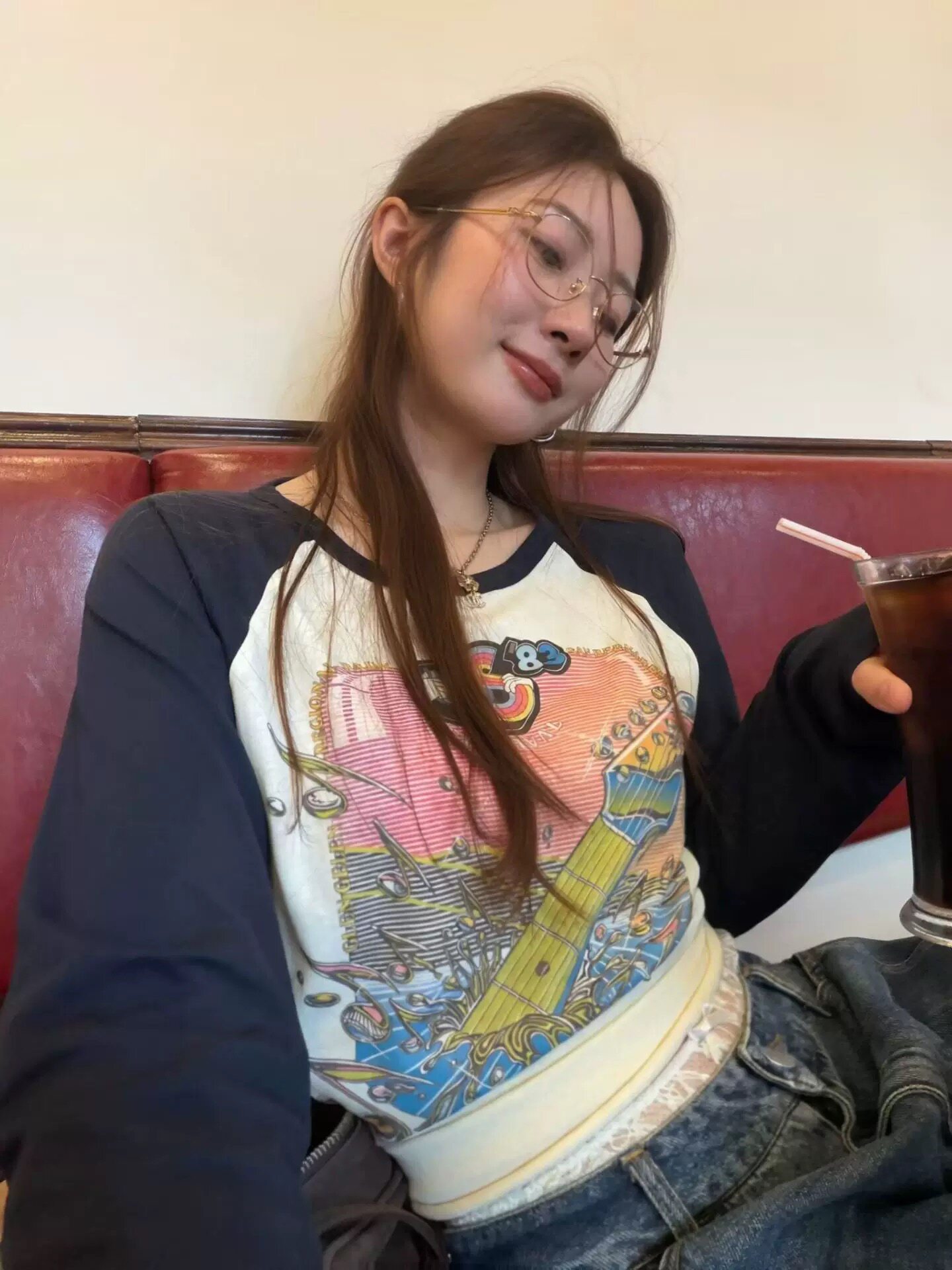彩虹吉他！arte 美式复古印花插肩袖长袖T恤设计感百搭打底上衣女