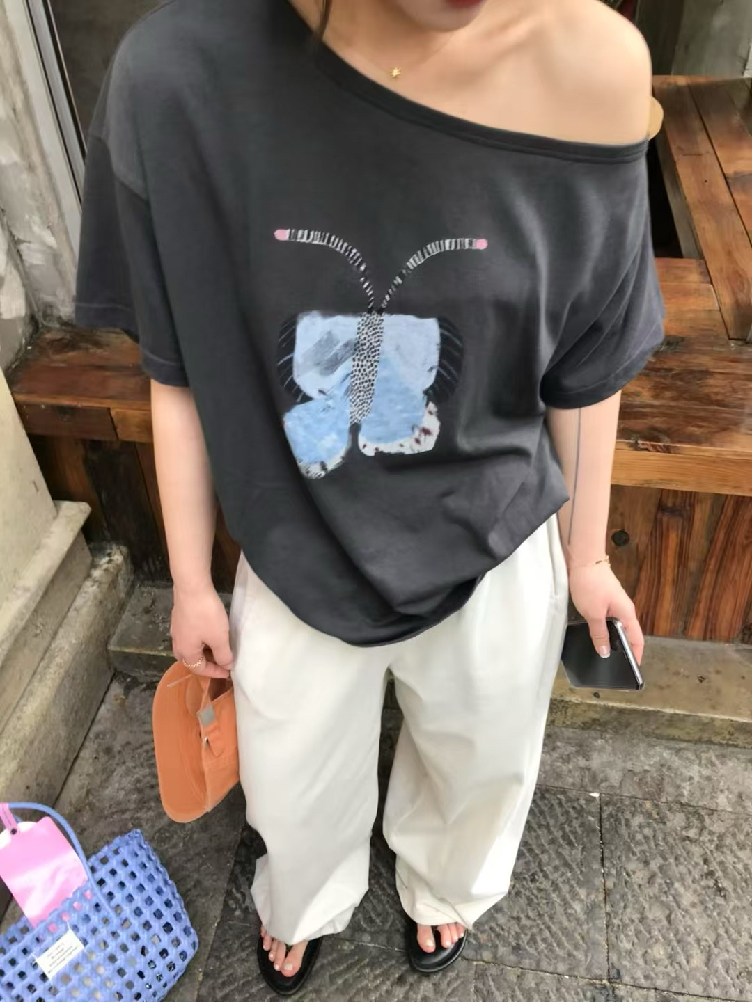 小众心机款~LB正品设计感斜肩露锁骨显瘦短袖T恤圆领蝴蝶印花上衣