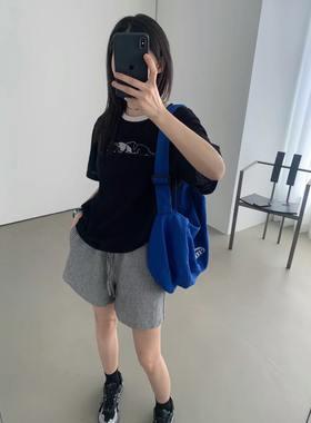 趴睡小狗！aboutmoon正品韩系撞色线条狗印花舒适透气短袖T恤上衣