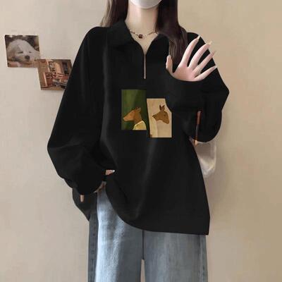 初秋穿搭半拉链黑色卫衣女