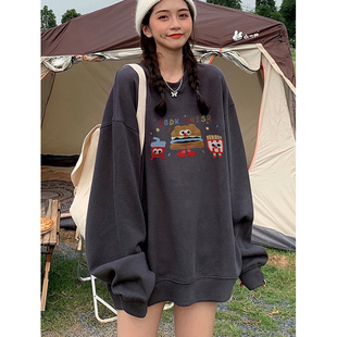 胖mm宽松长袖 早秋大码 上衣 慵懒风chic灰色无帽卫衣女2025新款 美式