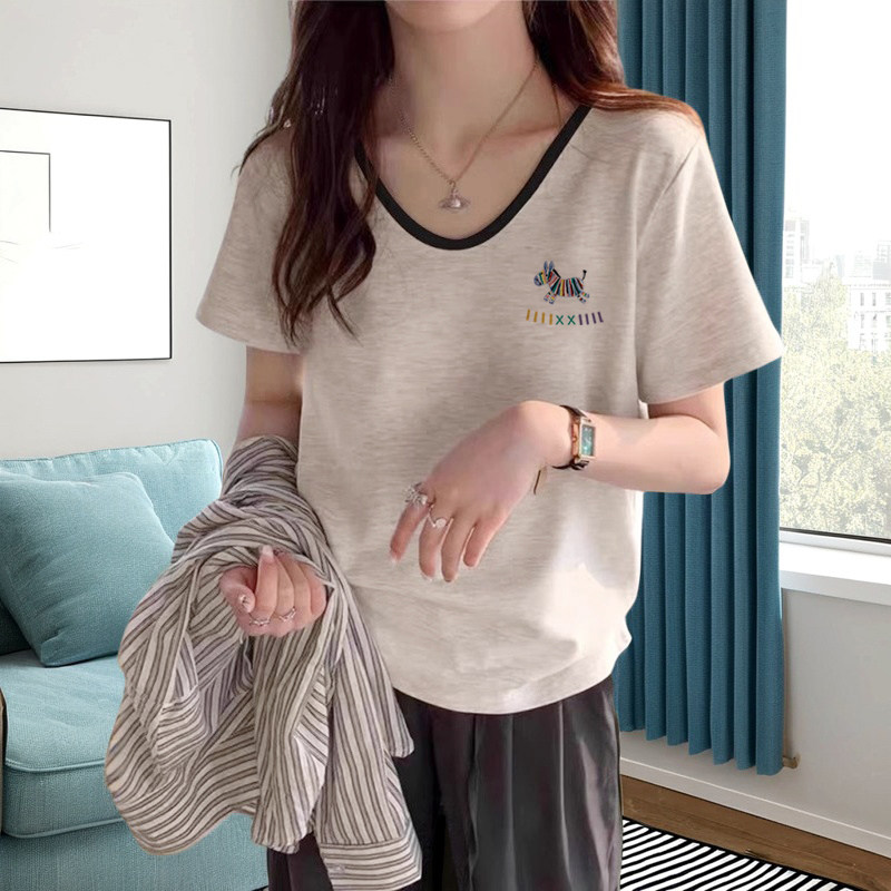 v领正肩t恤短袖女2026新款夏季短款修身显瘦大码纯棉多巴胺上衣