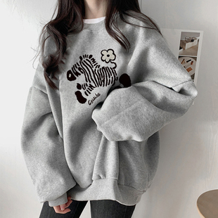 加绒超好看oversize卫衣女初中生秋季胖mm大码宽松慵懒风灰色上衣