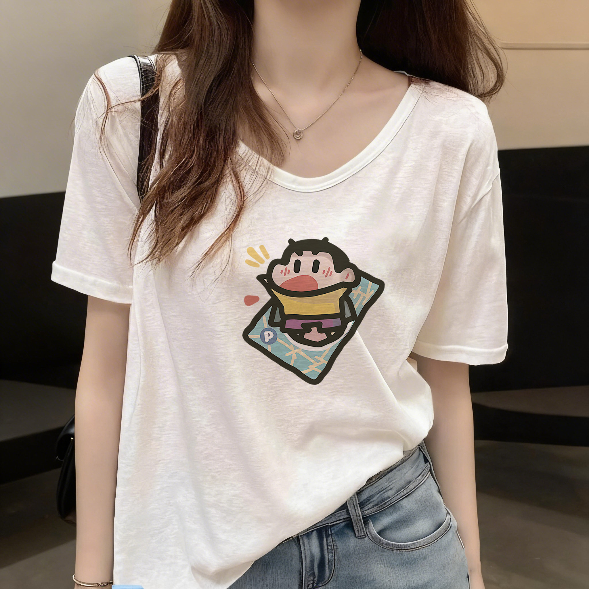 竹节棉白色短袖t恤女2026新款夏季宽松显瘦v领高级感chic别致上衣