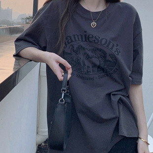 遮肚子纯棉正肩显瘦上衣夏季 灰色大版 复古短袖 t恤女胖mm大码 美式