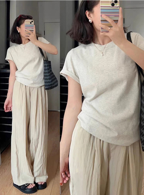 美式正肩短袖纯棉t恤女装2026新款大码灰色收腰修身夏季甜美上衣