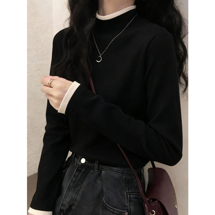 半高领德绒打底衫2025新款女超好看冬季内搭黑色磨毛修身拼色上衣