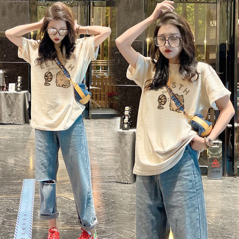 杏色短袖t恤女2026新款大码显瘦宽松慵懒风美式夏天巨好看的上衣图片