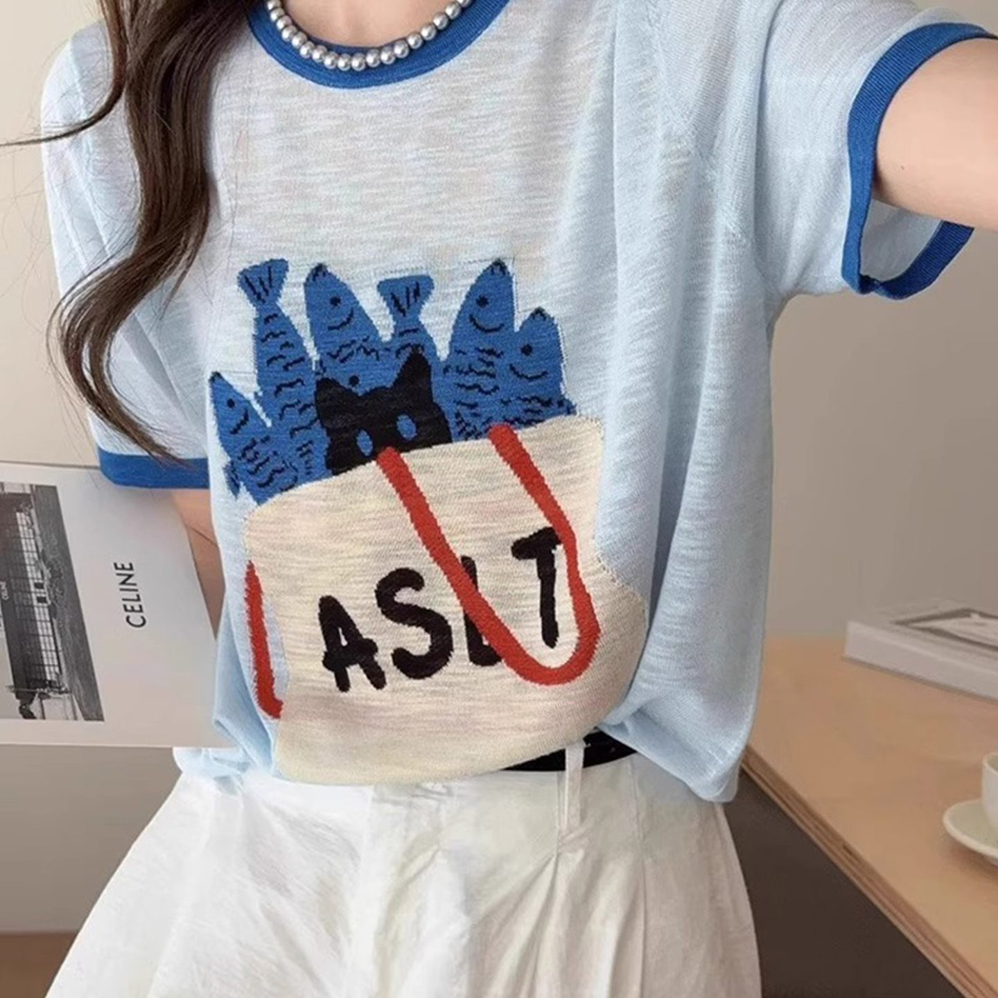 竹节棉蓝色短袖t恤女上衣