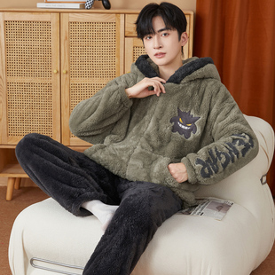 男款睡衣冬季加绒加厚夹棉保暖长毛绒套装连帽家居服