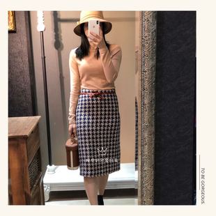 千鸟格半裙!万年经典!羊毛粗纺呢高腰包臀半身裙+打底羊绒衫