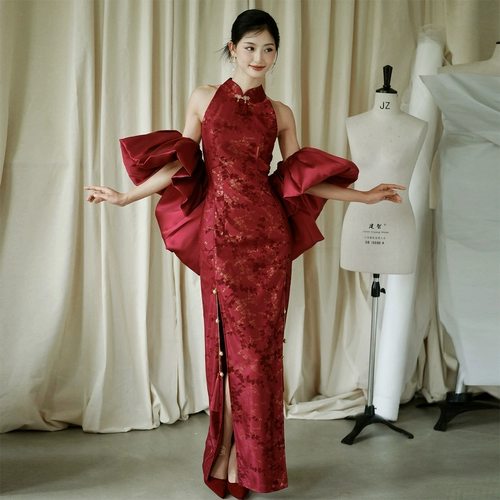 Оригинальное красное ципао, накидка для невесты, вечернее платье, китайский стиль, по фигуре
