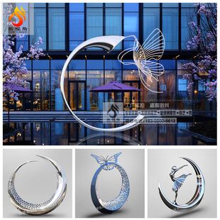 不锈钢雕塑厂家 户外大型不锈钢圆环雕塑 售楼部镜面月亮景观雕塑