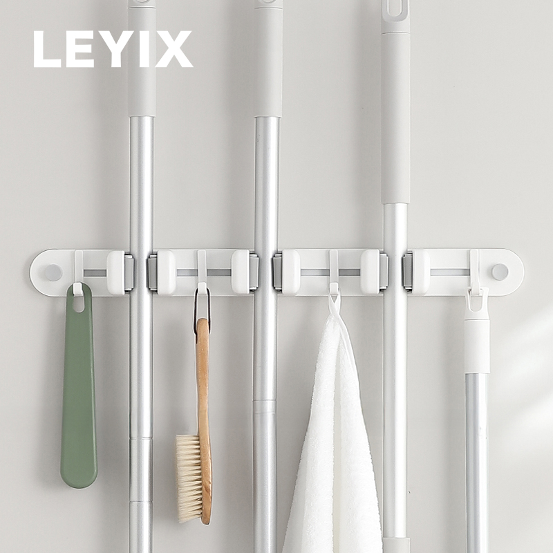 LEYIX243可移动滑轨壁挂拖把夹免打孔强力无痕挂钩拖把固定抹布
