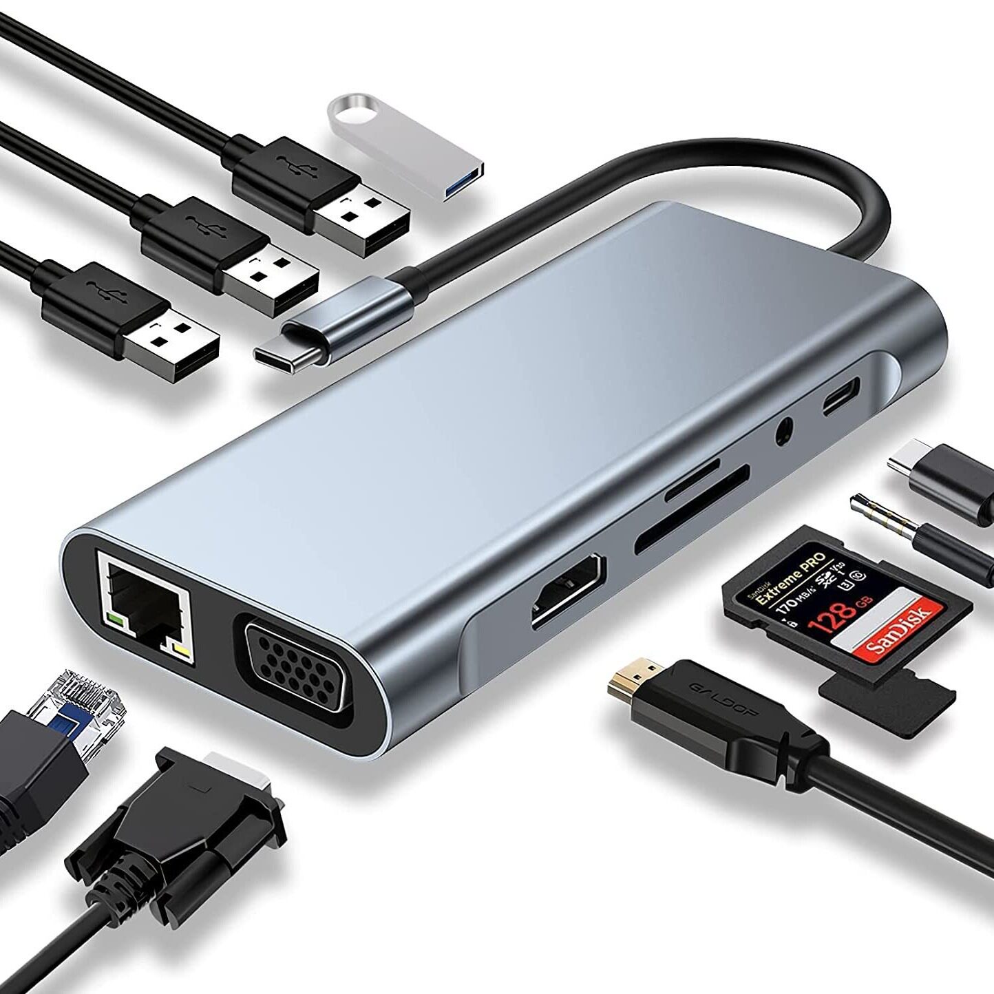 笔记本电脑11in1转hdmi投屏rj45usb-c拓展坞高清 跨境 极速充电