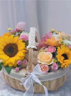 产妇闺蜜手提鸡蛋鲜花篮节日礼品diy手提花篮送产妇花束月子篮子