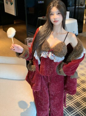 本命年红色秋冬可爱法兰绒女睡衣套装新款可外穿细闪家居服三件套