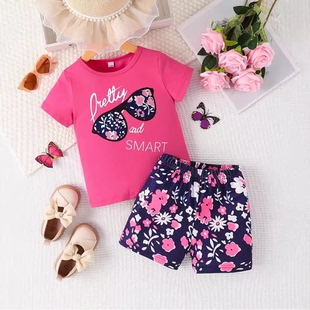 外贸INS中大童女童夏季款圆领眼镜字母短袖上衣碎花短裤休闲套装