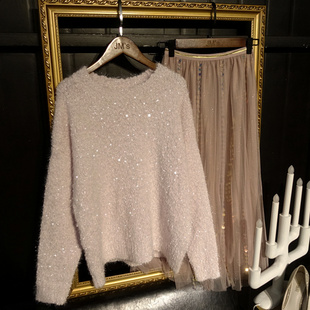 chic女神亮丝闪闪针织衫 宽松显瘦纯色百搭减龄加厚毛衣 ins风韩版
