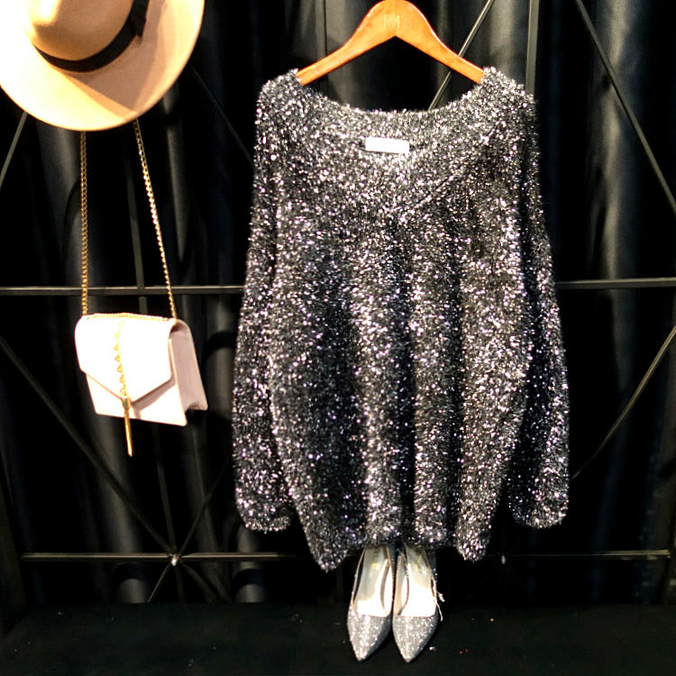 欧洲站奢华新品 气质女神亮丝闪闪针织衫 V领宽松显瘦毛衣女