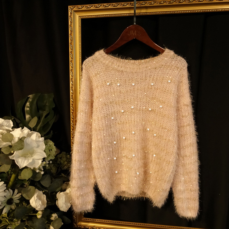 亮丝闪光丝钉珠毛衣高腰短款上衣