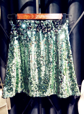 亮片亮闪闪半身裙松紧腰显瘦绿色显白短裙A字裙女通勤