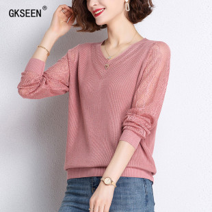 上衣宽松显瘦V领长袖 镂空针织衫 洋气百搭打底衫 时尚 T恤 女春秋新款