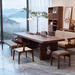 新中式黑胡桃木茶桌去客厅化别墅高级现代轻奢泡茶台办公喝茶一体