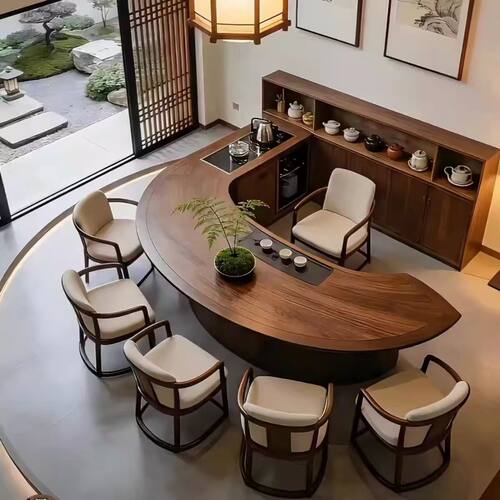 宋式美学北美黑胡桃木实木弧形茶桌带储物柜大小户型茶台茶椅组合