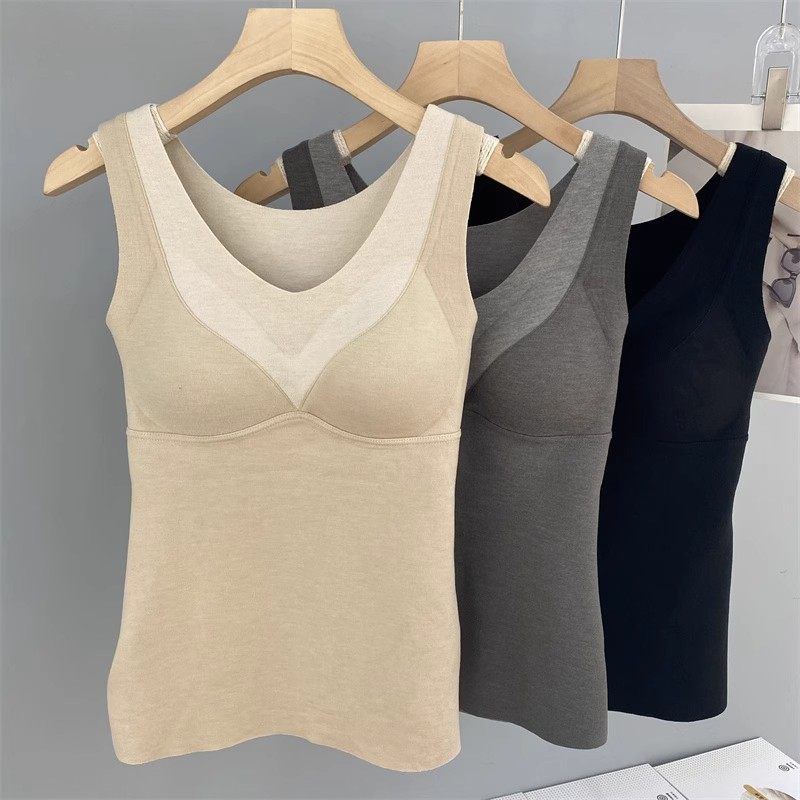 发热保暖背心绵羊毛羊绒4028V领性感带胸垫无痕显瘦裸感舒适内衣