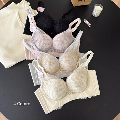 性感蕾丝小胸无钢圈内衣女聚拢上托收副乳调整型中厚杯文胸