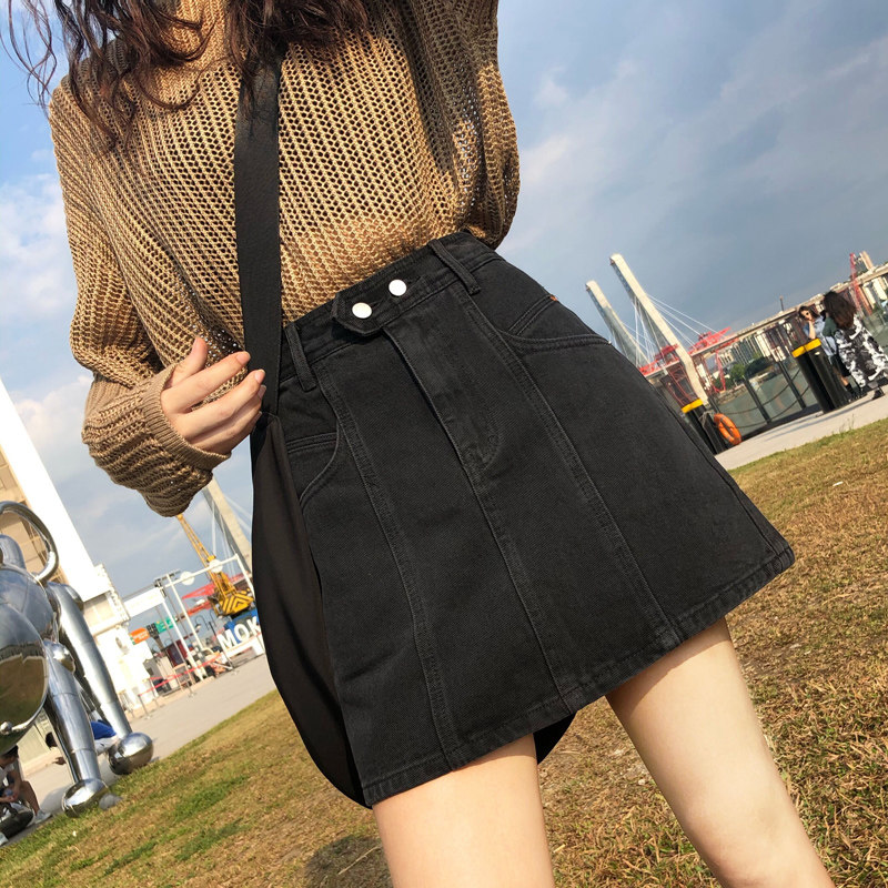 防走光泫雅牛仔半身裙裤女早秋新款黑灰色高腰百搭显瘦A字包臀裙