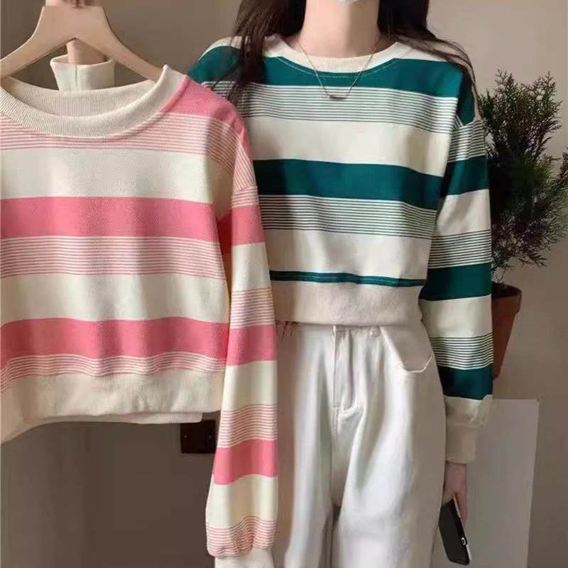 美式短款条纹圆领卫衣女学生2025秋季新款宽松薄款学生长袖上衣潮