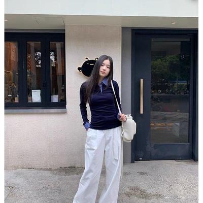 美式辣妹复古格子假两件正肩长袖t恤女修身polo领内搭打底衫上衣