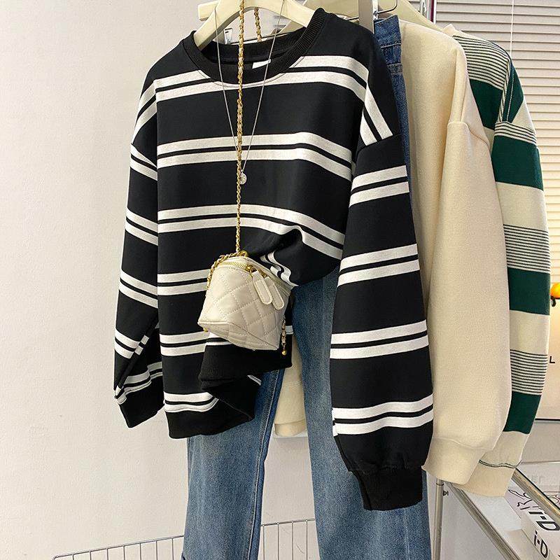 实拍条纹复古卫衣潮2025初秋新款薄圆领长袖t恤上衣韩版女装