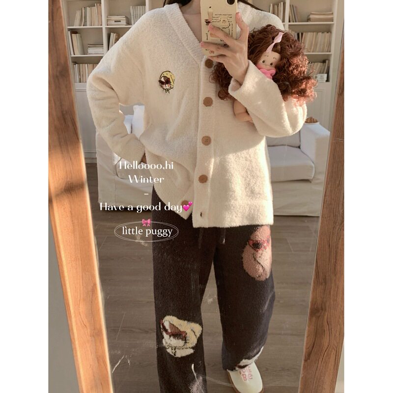 Reefur Rinka梨花家半边绒开衫睡衣女冬季加厚保暖外穿家居服套装
